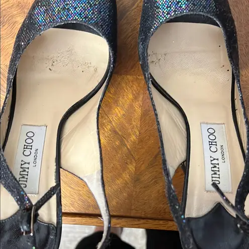 Jimmy Choo Black Glitter Peep Toe Slingback Heels Size 37/US 7