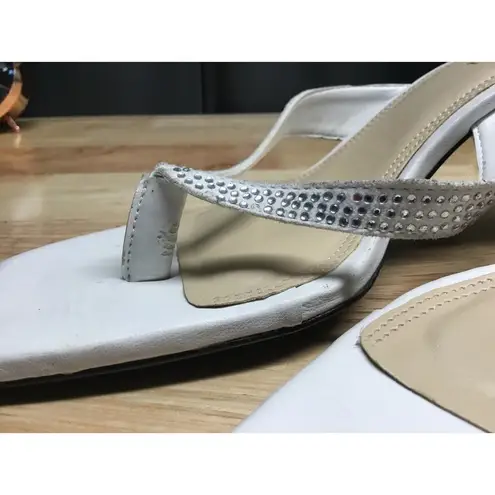 Black Suede Studio Heels Women's 7.5 White Leather Crystal Embellished Sandal