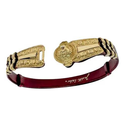 Judith Leiber vintage Lion's Head belt burgundy red leather & gold adjustable OS