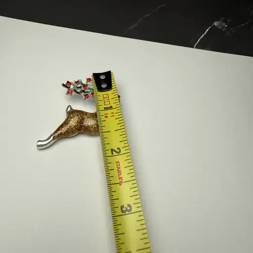 Signed NR Reindeer Glitter Enamel Rhinestone Brooch Pin Silver Tone Christmas