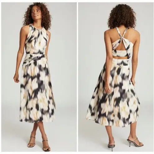 Reiss Gisele Smudge Print Midi Dress Black Cream Grey Womens Size 6