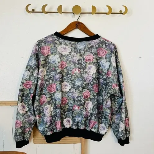 Vintage Textured Cottage Floral Zip up Bomber Sweater Gnome Jacket Size M