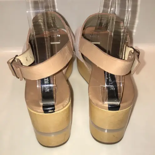 Matt Bernson Women’s Leather Suede Mule Ankle Strap Open Platform Wood Wedges Tan Size 7