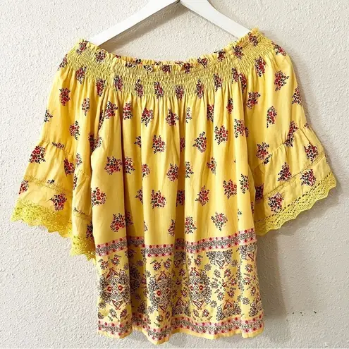 Angie  Yellow‎ Floral Off the Shoulder Smocked Crop Top Size S Boho Western