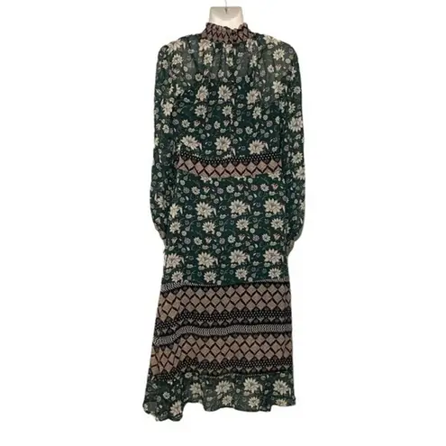 Signature Studio NWT Dark Green Floral Maxi Dress Long Sleeves High Neck Sheer Slip New