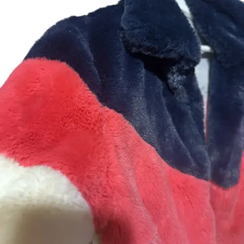 Faux Fur Bomber Plush Fluffy Retro Color Block Small Blue