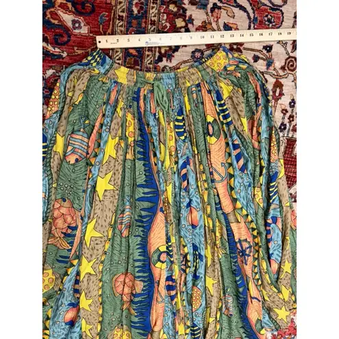 Vintage Karat India Boho Full Skirt Ocean Fish Star Print Cotton Maxi Free Size Green Size undefined