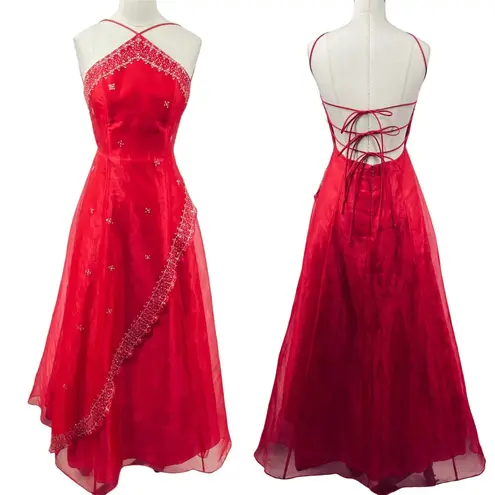 Vintage 90s Y2k Beaded Halter Gown Y Neck Lace up Open Back Organza Hot Pink XS