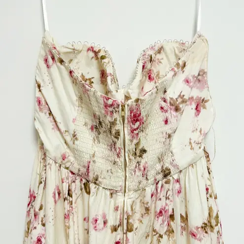 V Chapman The Valentina English Rose Ivory Pink Floral Strapless Midi Dress 14