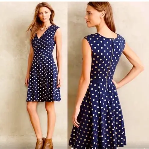 Maeve Anthropologie  Ophira Faux Wrap Fit & Flare Blue and Gold Dot Dress Small