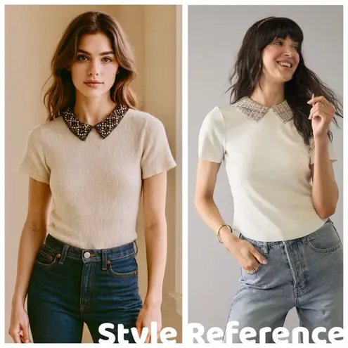 Vintage Rosanna Ivory Knit Blouse, Pearl Beaded & Metal Mesh Collar sz. S Brown