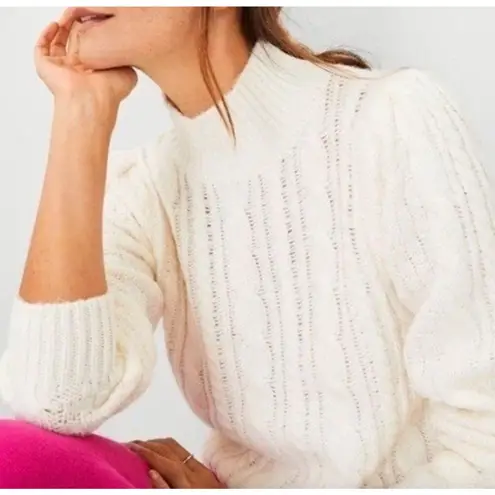 Ann Taylor  Chunky Cable Knit Mock Neck Puff Sleeve Sweater Preppy White XS