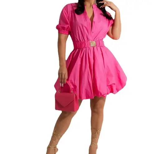 Women’s Pink Short Sleeve Bodycon Pleated Cocktail Party Dress with Belt Size S Pink