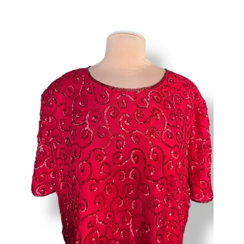 Vintage Joseph LeBon Red Silk Sequin Swirl Beaded Blouse Plus Size 26W Evening