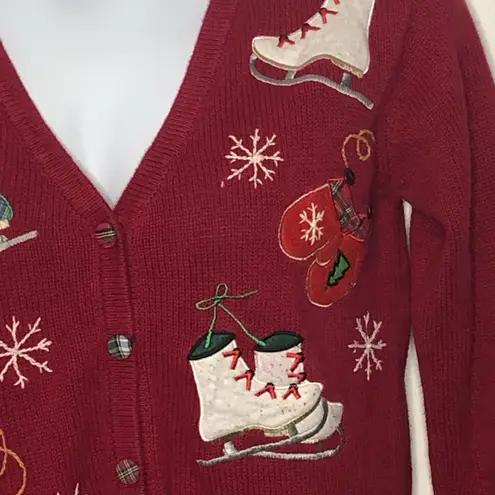 Vintage Ice Skating Christmas Sweater Small Y2K Holiday Cardigan Basic Editions Red