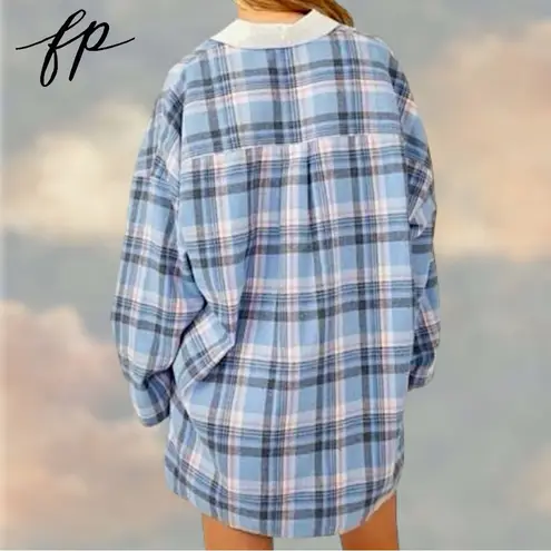 FP Sunday morning, sleep shirt, light blue flannel pop over polo collared top S