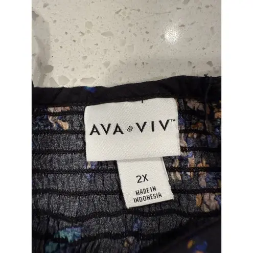 Ava & Viv Women’s Black‎ Floral Blouse Boho 2X Peasant Ribbed Plus Long Sleeve