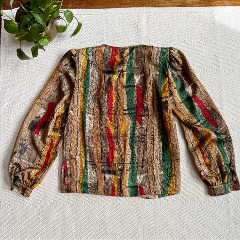 Vintage French Script 80s Satin Brocade Funky Blouse Tan Size 8