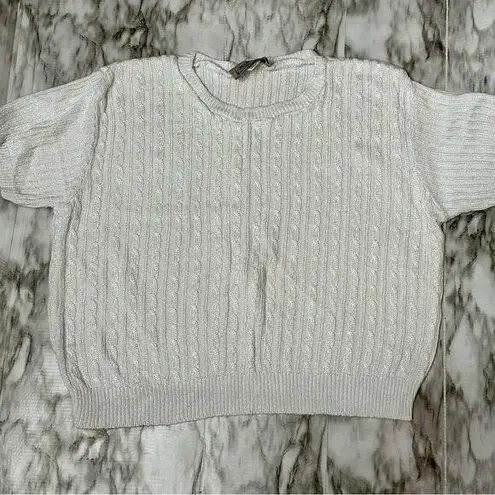 Women's White Cable Knit Sweater Vintage 90s Rayon Blend Cropped Short Sleeve Size L