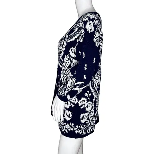 Jennifer Reed Sweater Womens Small Navy Blue White Floral Knitted by Hand Boho