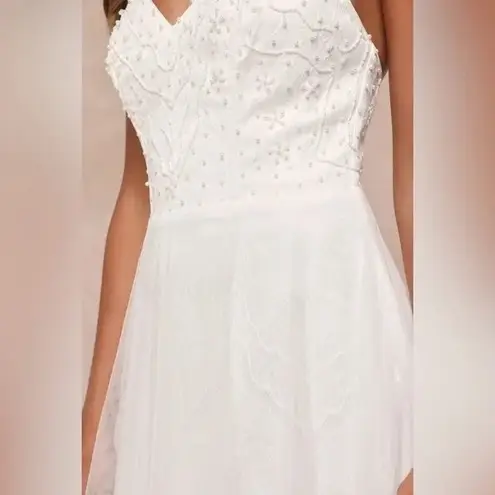 Lulus Love Perfection White Lace Tulle Pearl Beaded Maxi Dress Size M Size M