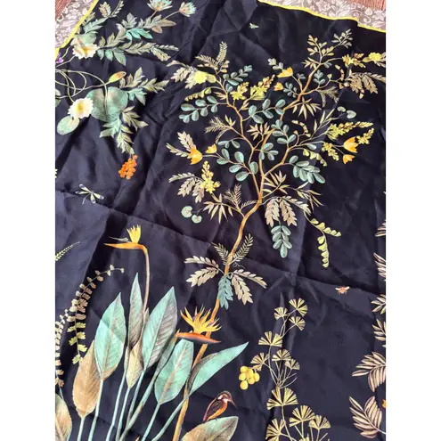 Marina D'Este Black Floral Bird Botanical Silk Scarf Square Shawl made in Italy