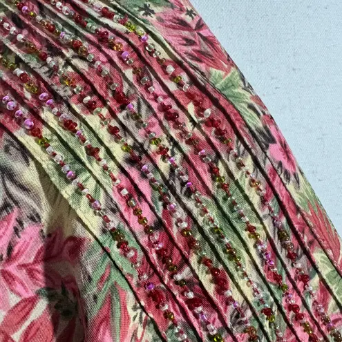 Vtg APRIL CORNELL Dress Women S Floral Beaded Midi Tie Back Boho Cottage Fairy Pink