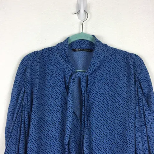 ZARA  Blue Polka Dot Tie Neck Flowy Oversized Blouse Small Chic Fairy 90s