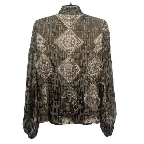 Yansi Fugel Semi Sheer Blouse Size 4 Scarf Print Silk Blend Artsy Textured Brown