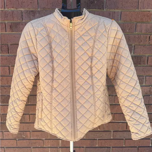 kim rogers Quilted Tan Jacket Puffer Coat Womens Size Petite Medium Taupe EUC