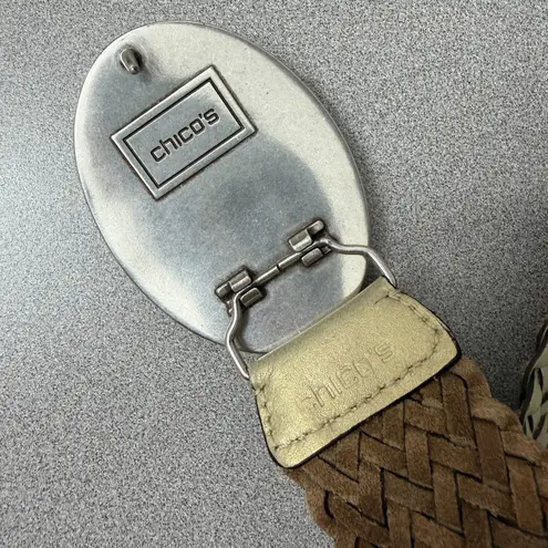 Chicos Woven Leather Belt Womens Gold Gem Buckle Embellished Bead Boho Wrap 52"