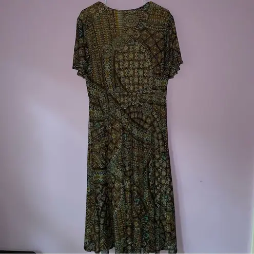 Susan Graver LP Dress Maxi Wrap V Neck Short Sleeve Brown Boho Print