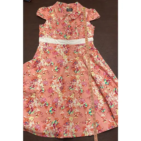Hearts & Roses London Pink Floral Retro Dress Sze 14 Tradwife Rockabilly Pinup