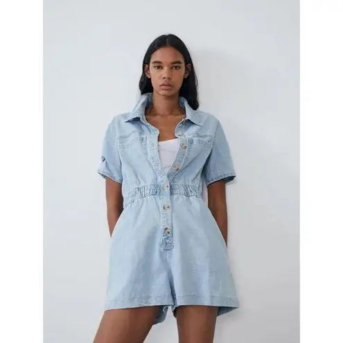 ZARA  denim playsuit romper utility button down short sleeve light wash pockets