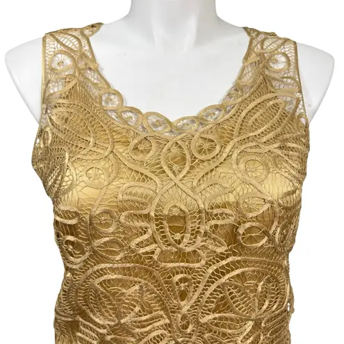 Soulmates 100% Silk Lace Overlay Tank Top Large Gold Sleeveless Evening Blouse