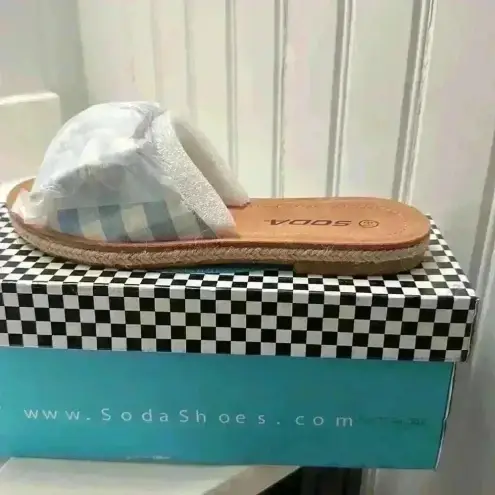 Soda Blue and‎ White Gingham Bow Espadrille Slide Sandals