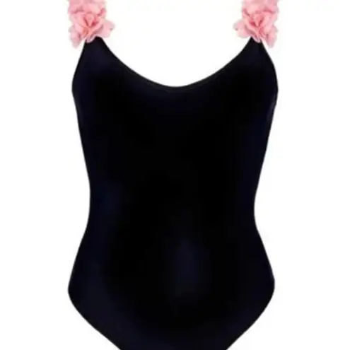 Goodnight Macaroon Floral Ruffle Detail Black One Piece Swimsuit