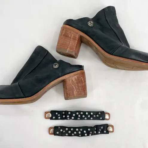 A.S.98 Black Leather Mules Silver Studded Heeled Shoes Boho Cottage EU Size 36