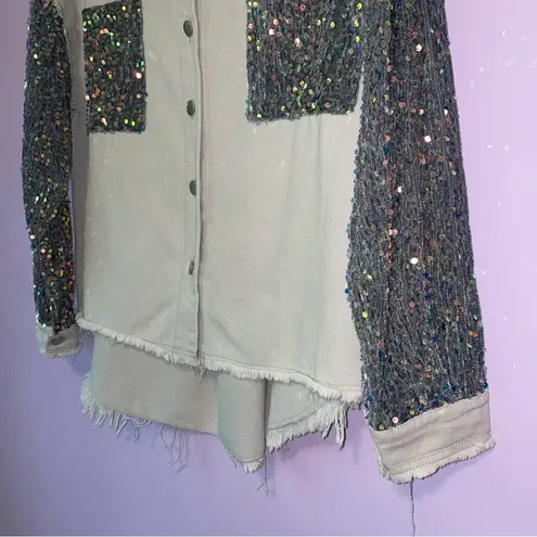 Light Grey Jean Jacket M Oversized Blue Velvet Sequins Cotton Blend Size M