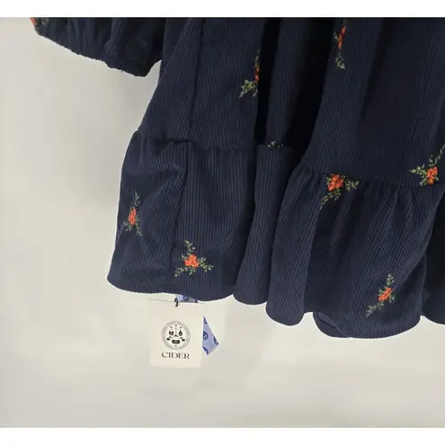 Cider Women's Navy Blue Corduroy Floral Embroidered Long Sleeve Mini Dress 1XL