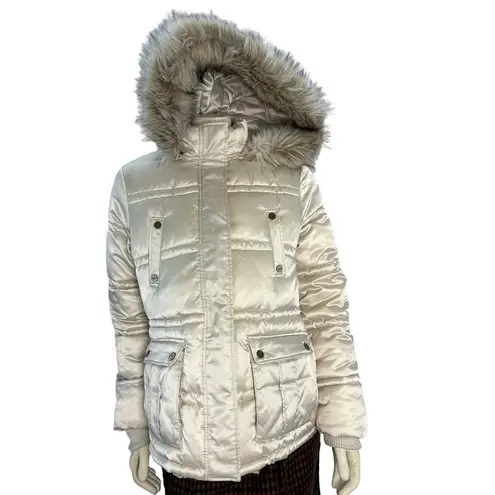 Esprit 2000s Faux Fur Hooded Cream Winter Puffer Coat Size Medium