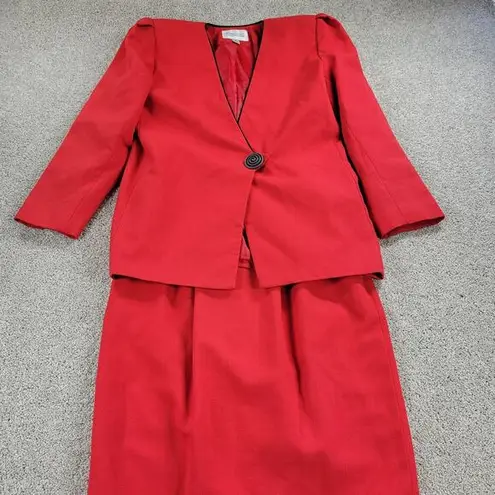 Karen Scott Vintage Womens Suit 8 Red Black Piping Single Button Jacket Skirt