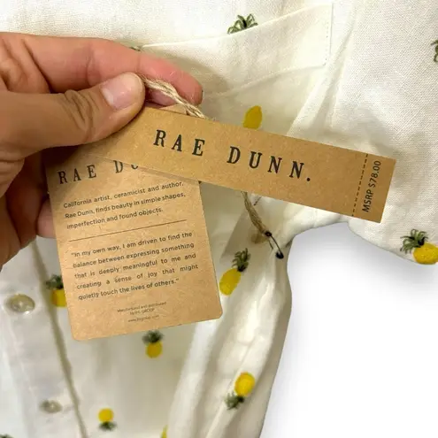 Rae Dunn NWT  Linen Rayon High Low Pineapple Print Short Sleeve Button Up - Small