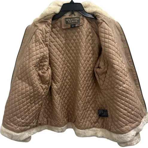 Weather Tamer VTG 90s Beige Suede Faux Fur Shearling Coat Aviator Pilot Sz Large Tan