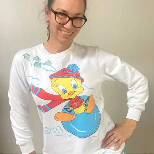 Vntg 80s 1985 Tweety Bird Looney Tunes Winter Snow Crewneck Sweatshirt B.J. Frog White Size M