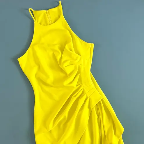 Belle Badgley Mischka NWT Cara Halter Neck Ruched Side Slit Yellow Sheath Gown