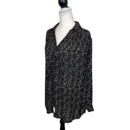 Charter Club Blouse Plus Size 1X Black Multicolored Geometric Button Long Sleeve