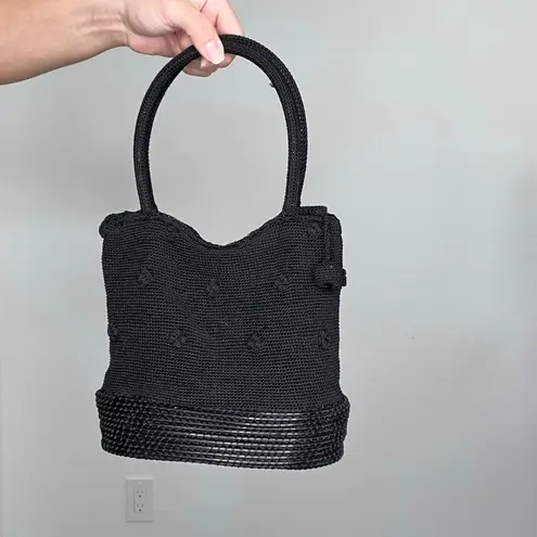 Black Woven Knit Shoulder Bag with Textured Plastic Base Y2K Style Handbag