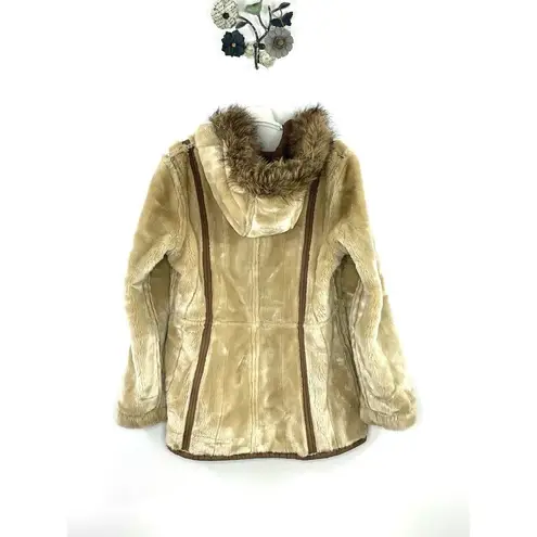 Gallery  Women’s Jacket Faux Suede Leather Faux Fur Beige Size Large Hooded