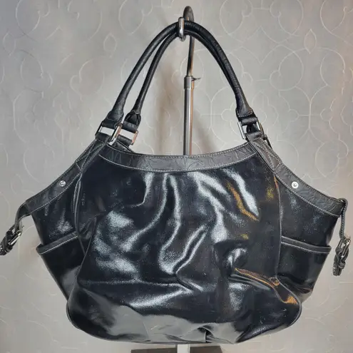 Via Spiga Womens Shoulder Bag Large Black Patent Leather Pockets Lined Hobo